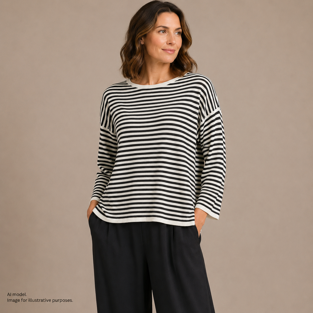 Eileen Fisher Sweater Womens XL Black Off White Lux Striped Dropped Shoulder
